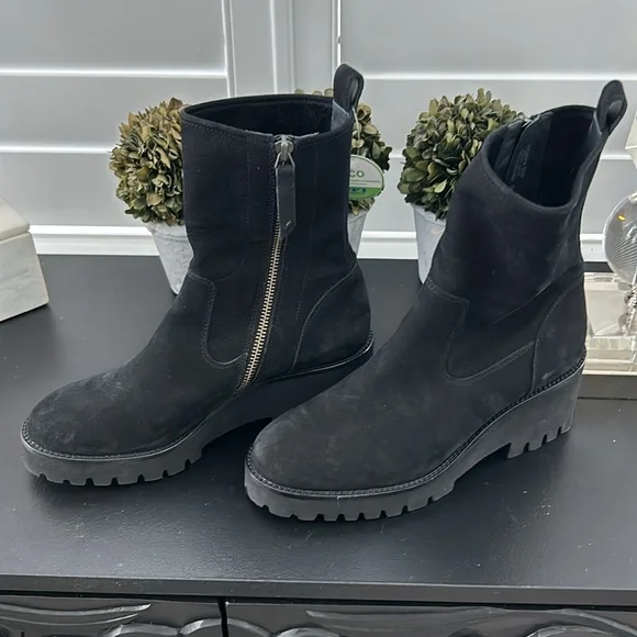 NWT $550 Paul Green NEWBURY Suede Wedge Boots BLACK PLATFORM CHUNKY 8 (TC30)